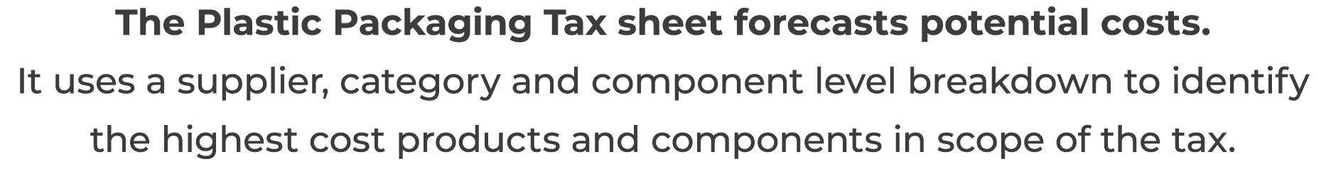 The Plastic Packaging Tax sheet forecasts potential costs   It uses a supplier, category and component level breakdow   