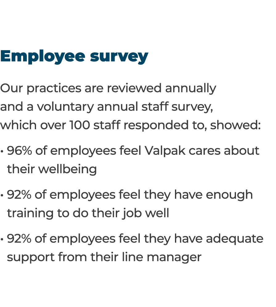 Employee survey Our practices are reviewed annually and a voluntary annual staff survey, which over 100 staff respond   