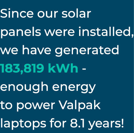 Since our solar panels were installed, we have generated 183,819 kWh - enough energy to power Valpak laptops for 8 1    