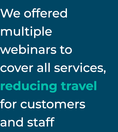 We offered multiple webinars to cover all services, reducing travel for customers and staff 