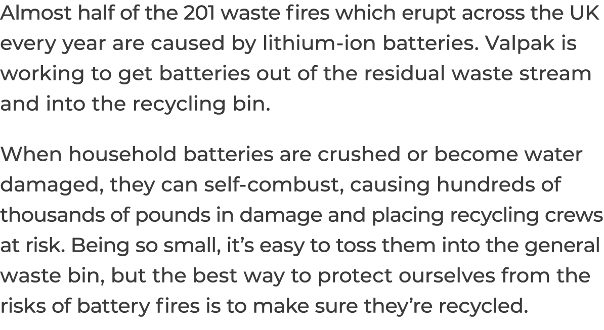 Almost half of the 201 waste fires which erupt across the UK every year are caused by lithium-ion batteries  Valpak i   